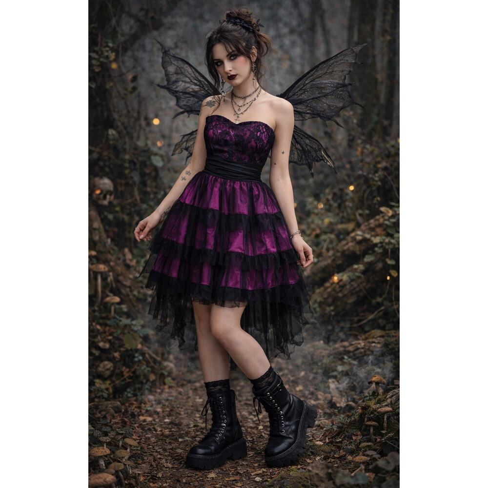 Vtg Y2K Masquerade Black Tulle Pink Satin Strapless Dress Whimsigoth 5/6